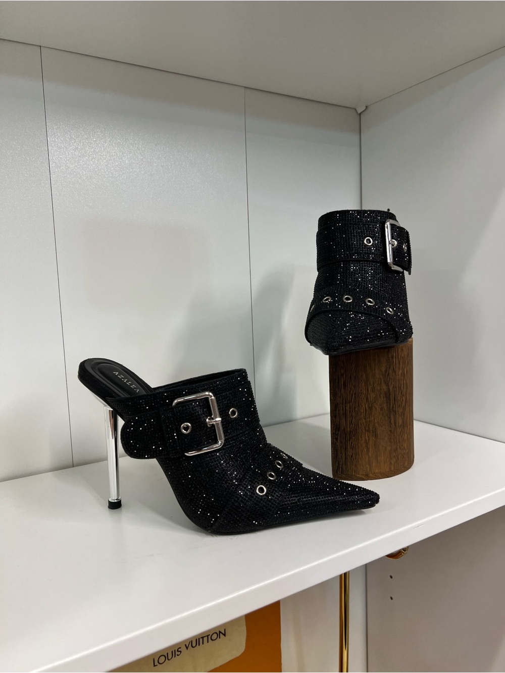 Azalea Wang Black Sparkle Pointed Mule Heels with Buckle size 8 new